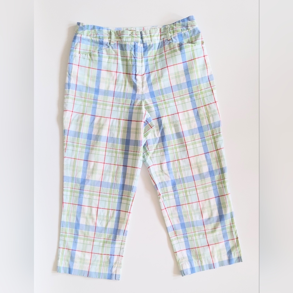 Talbots Petites Plaid Stretch Capri Pants Blue Yellow Size 6